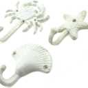 MY MIRONEY 3-Piece Starfish Seashell Crab Coats Hooks White Beach Ocean Theme Decorative Wall Hooks with Screws