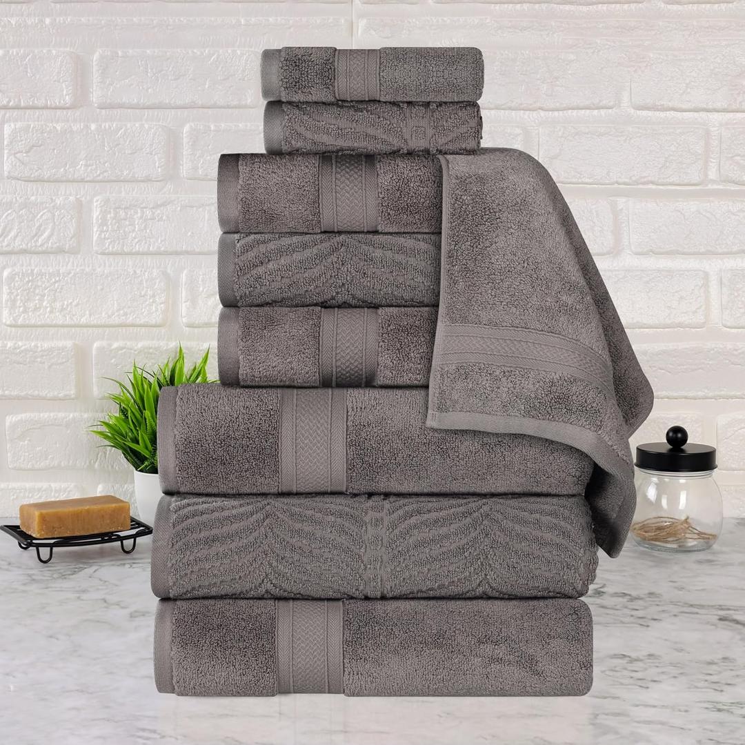 Superior Cotton Chevron 9-Piece Towel Set, Zero Twist, Quick Dry, Home Essentials, Shower, Spa, Luxury Plush Soft Absorbent Towels, Includes 3 Bath, 3 Hand, 3 Washcloth/Face Towels, Charcoal (9 Piece Towel Set (Solid + Jacquard))