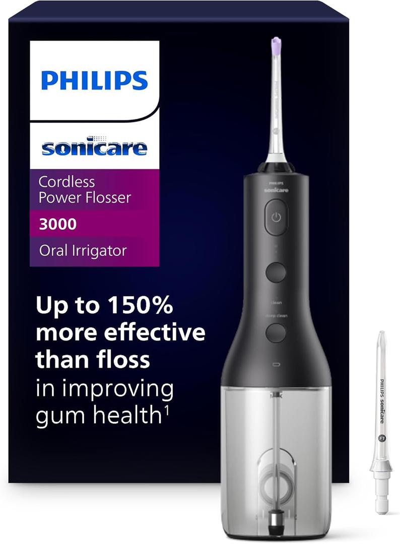 Philips Sonicare Cordless Power Flosser 3000 - Water Flosser with Innovative Quad Stream Technology, Oral Irrigator with 2 Flossing Modes and 3 Pressure Levels, IPX7 Waterproof, Black, HX3826/23, New Black + 2 Nozzles