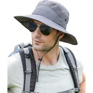 Koreshion Mens Sun Hat Wide Brim Breathable Mesh UPF 50+ Bucket Hat Waterproof Fishing Hat Quick-Drying Safari Hat Foldable Boonie Cap Outdoor Sun Protection Cap Deep Gray