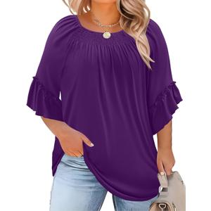 Micoson Womens Plus Size Tops 3/4 Ruffle Sleeve Shirts Crewneck Pleated Blouses Dressy Casual Fashion Tunic Top, 2XL