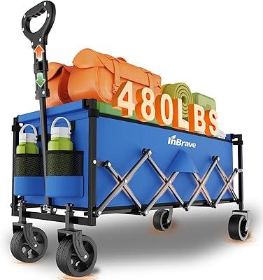 InBrave Extra Long Collapsible Wagon Cart, 480LBS Heavy Duty Utility Wagons with AllTerrain Wheels, Foldable Grocery Carts for Gardening, Shopping, Beach, Camping, Blue