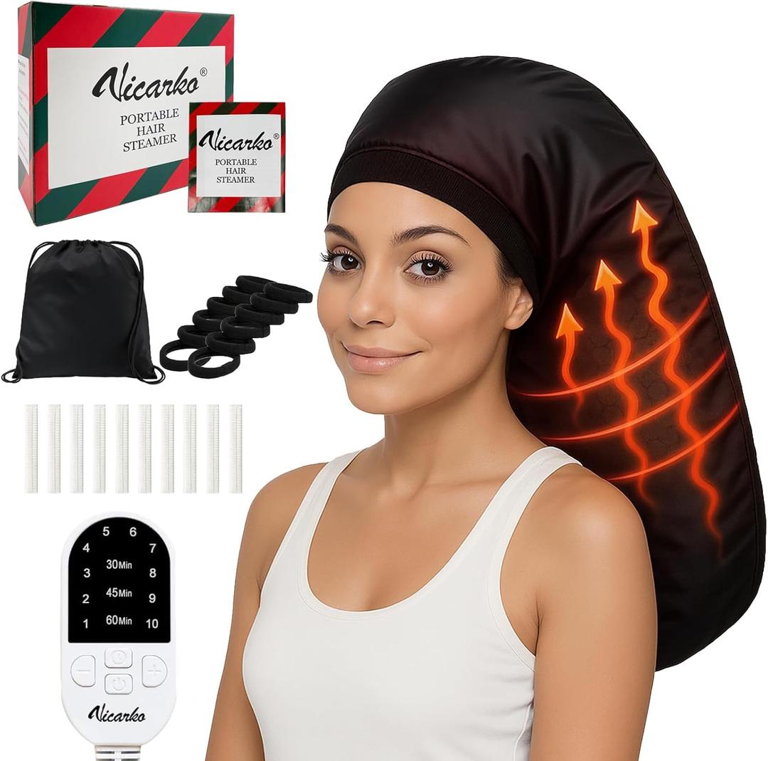 VICARKO Steamer Cap for Deep Conditioning - Extended Hood with 10 Heat Levels, 3 Timers, Portable Thermal Treatment for Natural Curly Hair, Black