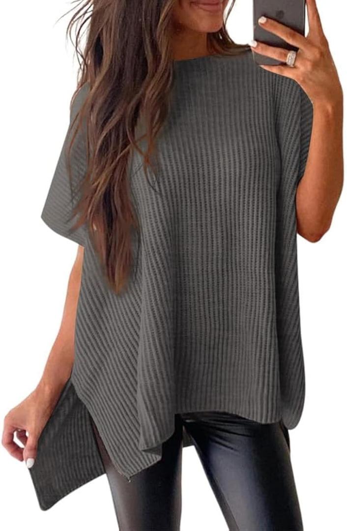 SHEWIN Womens Tops Crewneck Short Sleeve Sweater Causal Tunic Tops Lightweight Summer Sweaters for Women (Gray, M)
