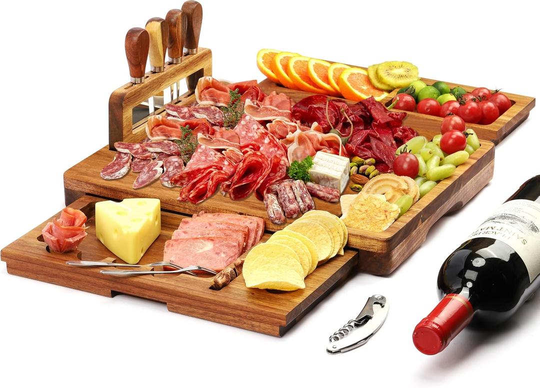 Premium Large Cheese Boards Acacia Nice Charcuterie Boards Gift Set Handcrafted Cheese Tray Set Unique Housewarming Gifts, Wedding Gifts for Couple, Bridal Shower Gifts (Retangular-No Slate)
