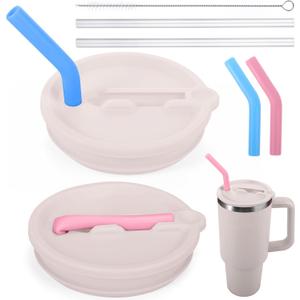 Mity rain 2PCS Silicone Tumbler Flip Straw Lid for Stanley Cup 40OZ, Spill Proof Lid Compatible with Stanley Quencher Flip Straw Lids for Cup Lid Replacement (Pink)