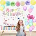 Pastel Rainbow Party Decorations - 50Pcs Pastel Birthday Decorations with Happy Birthday Banner, Balloons & Paper Pom Poms, Macaron Theme Party Supplies for Girls & Boys, Kids, Women