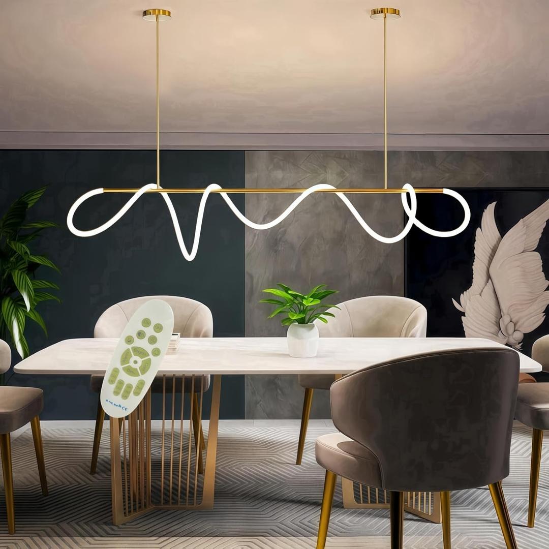 59" Pendant Lights Kitchen Island, 31W LED Dimmable Chandelier with Remote Control, Aluminum Linear Hanging Light Fixture for Dining Room Kitchen Island Bar (Gold, 59 in)