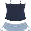 ZAFUL Tankini Swimsuits for Women Smocked Ruffles Tie Front Bowknot Textured High Cut Tanga Tankini Set (Blue, XL)