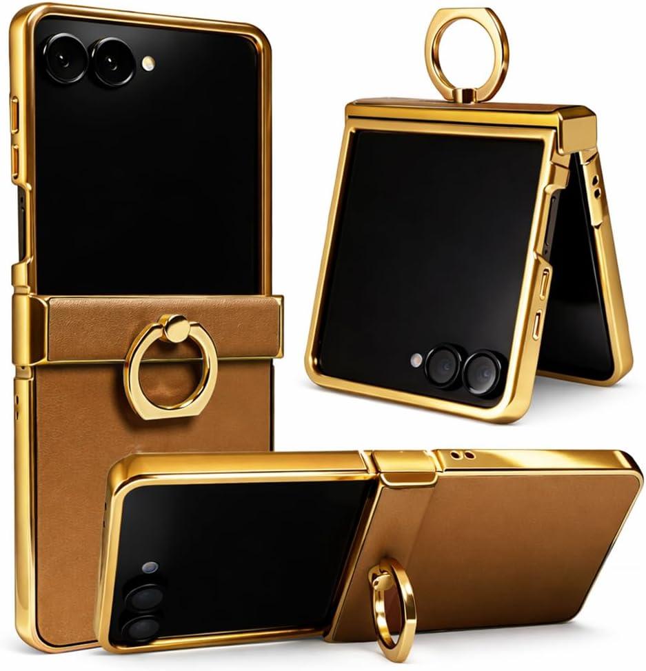 Genuine Leather Case for Samsung Galaxy Z Flip, Military-Grade Drop Protection, Hinge Protection Cover with Ring Kickstand, Gold Trim (Brown, Z Flip7)