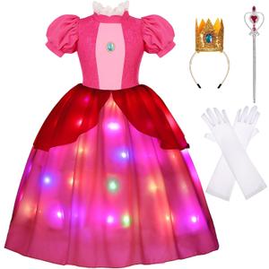 Girls Princess Dress Peach Costume Super Bros Kids LED Light Up Princess Dress for Deluxe Halloween Party Dress Up (9-10 Years)