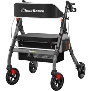 BlessReach Heavy-Duty Aluminum Rolling Walker - Foldable Rollator Walkers with Seat for Seniors, 450 lb Capacity, 8'' Wheels, 18" Big Seat, 6-Position Height(Gray)