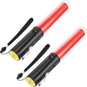 Weewooday 2 Pack 11 Inch Safety Air Traffic Control Wands, LED Signal Traffic Wand Flashlight Control Safety Baton Flashlight Signal Wand for Parking Guides, Aircraft, Car Directing(Red)