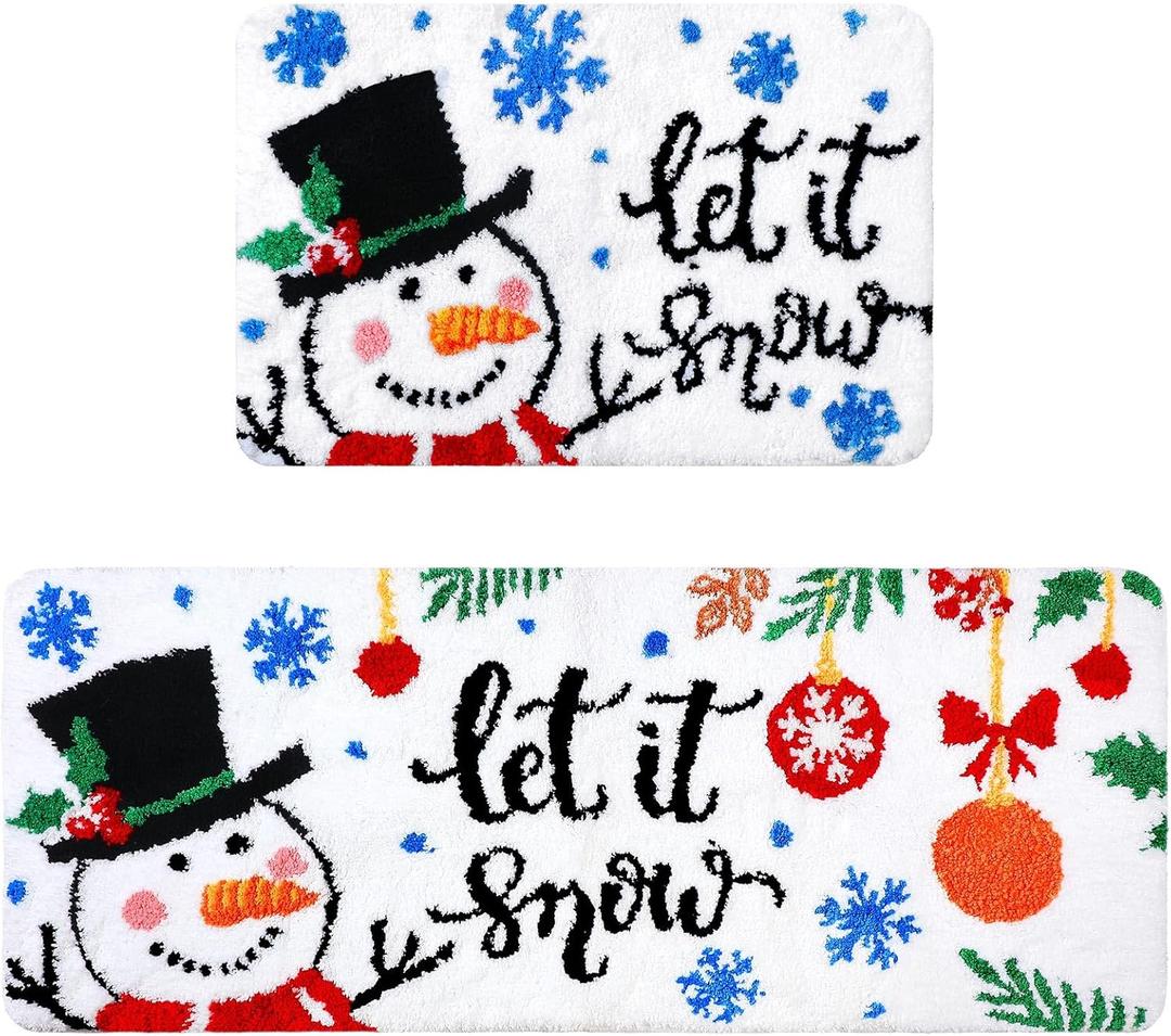 Drydiet 2 Pcs Christmas Bathroom Rugs Set Soft Plush Christmas Snowman Bath Mat Non-Slip Backing Washable Absorbent for Bathroom Decorative Carpet Xmas Winter Indoor Party Favors Decor 20 x 47 Inch