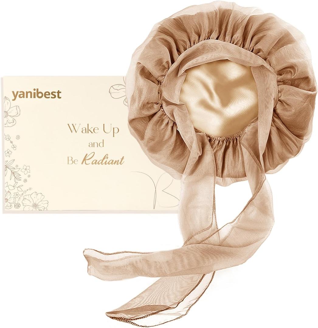 YANIBEST Breathable Soft Silk Bonnet for Sleeping, Breeze Satin Bonnet with Tie Band Hair Wrap Less Frizz Natural Curly Hair (Champagne)