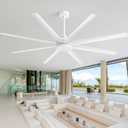 65 Inch Ceiling Fan No Light, Modern Ceiling Fan with Remote Control, Quite DC Motor 8 Reversible Blades Indoor Outdoor Industrial Ceiling Fan without Light For Living Room Bedroom Patio Garage-White
