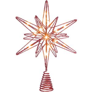Large Christmas Star Tree Topper with 20 LED Lights 12.5 Inch Star Tree Topper Glitter Sparkle Xmas Treetop Ornament for Home Holiday Party Decorations(Red)