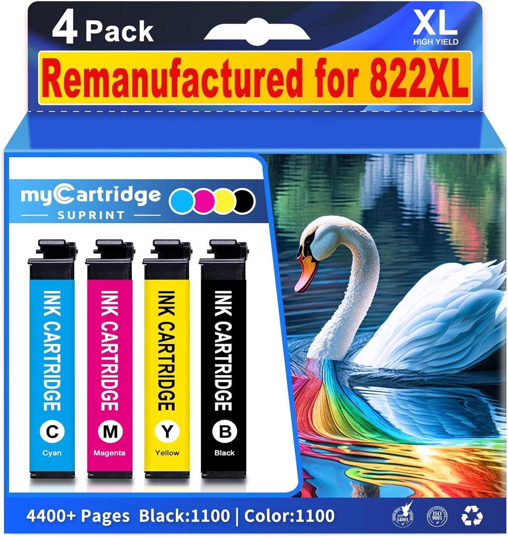 for 822XL Ink Cartridges Combo Pack Remanufactured Replacement for Epson 822XL Ink Cartridges for 822XL Printer Ink Epson use with WF-3820 Workforce Pro WF-4820 WF-3820 WF-4820 822 (Pack of 4)