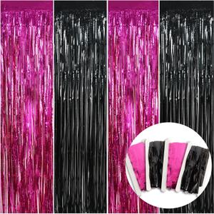 BEISHIDA 4 Pcs Hot Pink Black Door Streamers Curtain Party Streamers Backdrop Pink Party Hot Pink Wall Background for Party Decoration Photo Booth Props(3.28 ft x 6.56 ft)