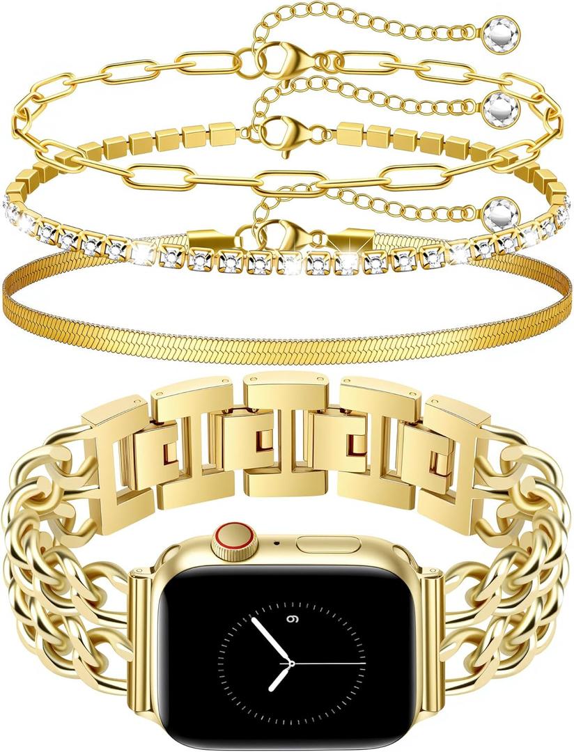 Gold Watch Band and 3Pc 14k Gold Bracelet Set Compatible with Apple Watch Band 38/40/41/42mm (S10) Adjustable Metal Band Cowboy Steel Chain Bracelet for iWatch Series1/2/3/4/5/6/7/8/9/10/SE (No Case)
