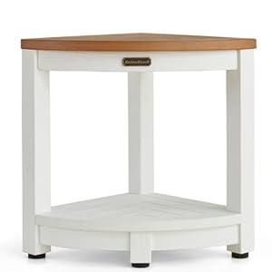 KaimuBench HDPS Corner Shower Stool for Shaving Leg, Waterproof Shower Bench Seat for Inside Shower, Poly Lumber Plastic Bath Shower Chair Seat, White+Brown, Weight Capacity 500LBS