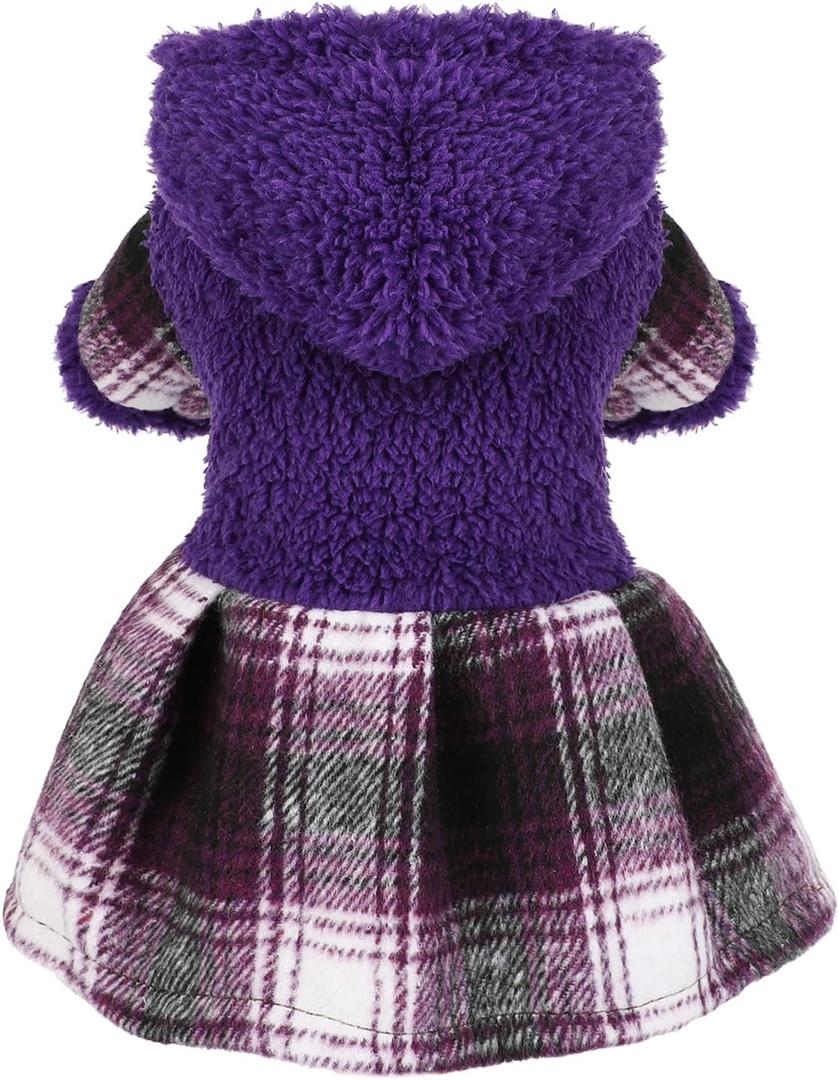 Winter Dog Dress, Cute Warm Fleece Hooded Sweater for Small Dogs Girl, Plaid Puppy Dresses Clothes Chihuahua Yorkie Cat Apparel Purple,S