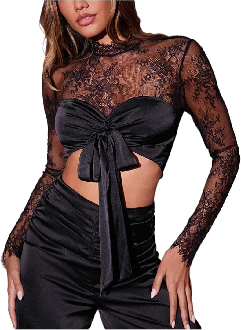 SweatyRocks Women's Floral Lace Tie Knot Sheer Blouse Long Sleeve Slim Fitted Crop Tops (Black), L