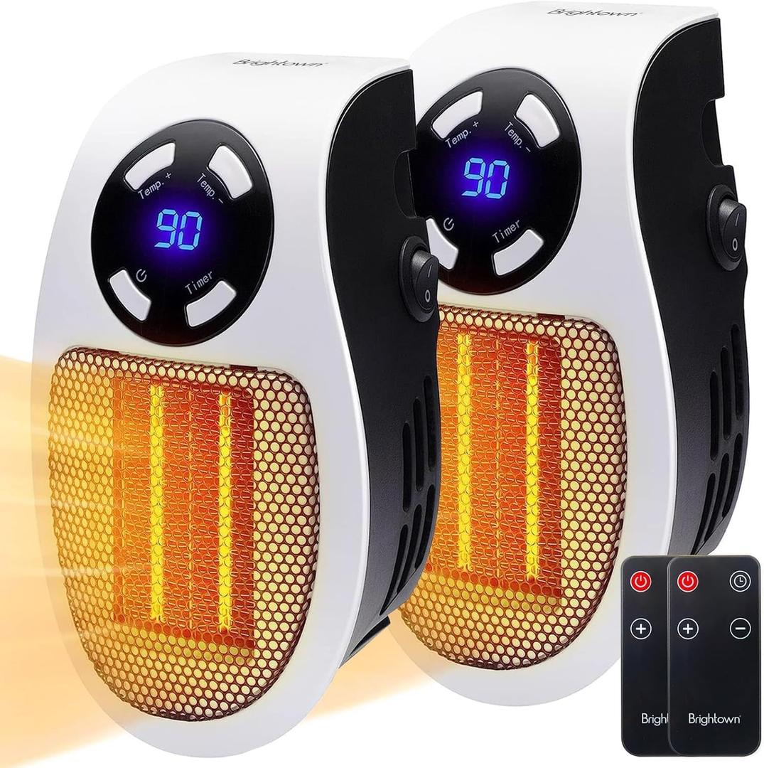 Brightown Wall Plug In Heater 450W, Portable Outlet Heater with Remote, Clear LED Display, Small Wall Heaters for Indoor Use with Adjustable Thermostat and 12H Timer for Bathroom Room Office, 2 Pack