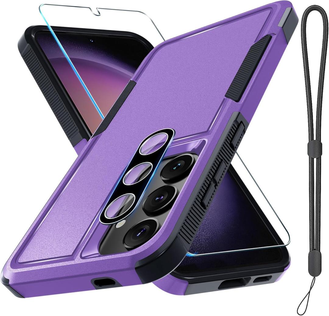 RMOCR Case for Samsung Galaxy S25, Full Body Heavy Duty Rugged Shockproof Protective Phone Cover with Lanyard Strap, Tempered Glass Screen Protector and Camera Lens Cover, Lavender