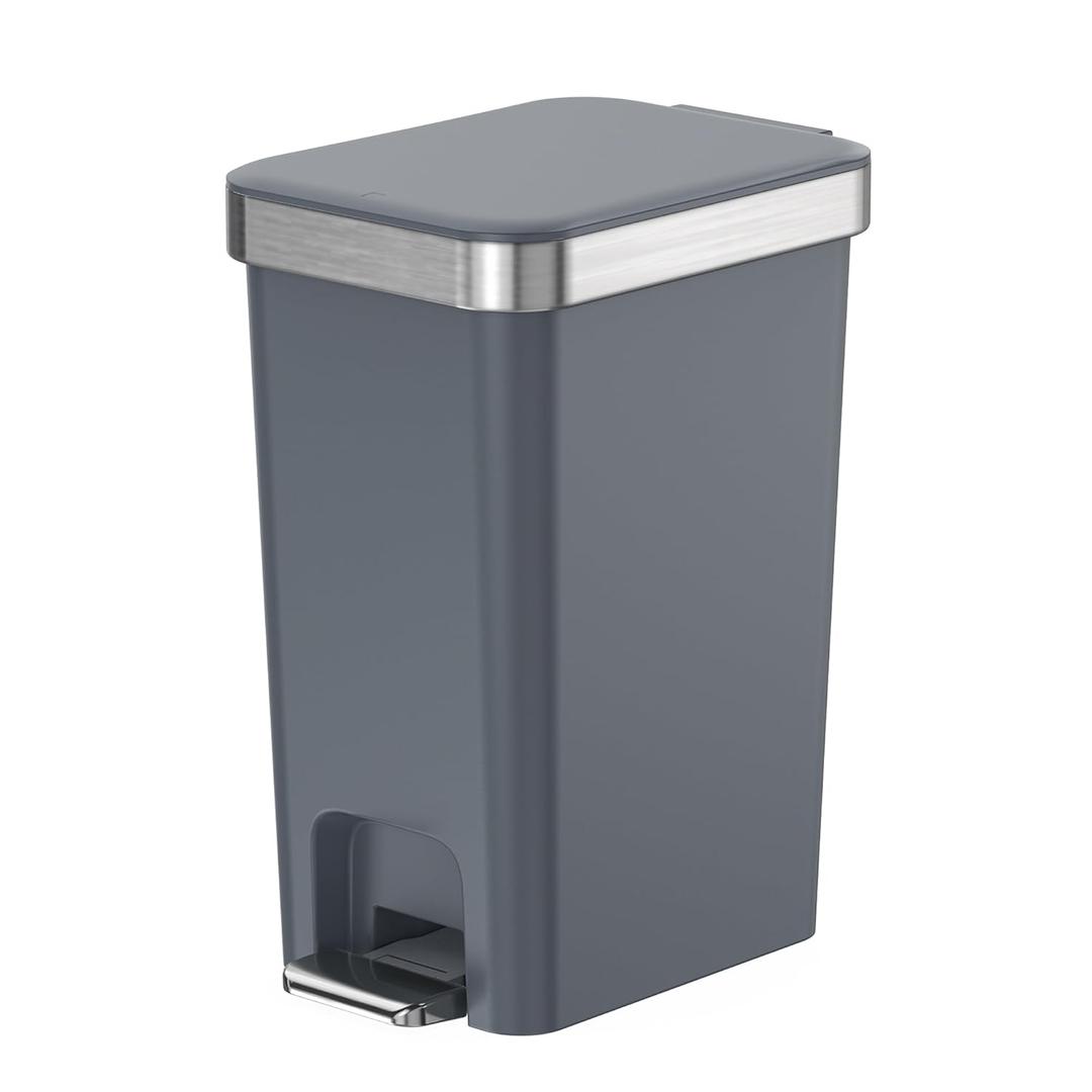 Small Bathroom Trash Can with Lid Soft Close, 10 Liter/2.6 Gallon Slim Garbage Can-Metal Step and Press top Lid, Mini Modern Waste Basket for Toilet, Office, Bedroom,Dorm,Dark Gray