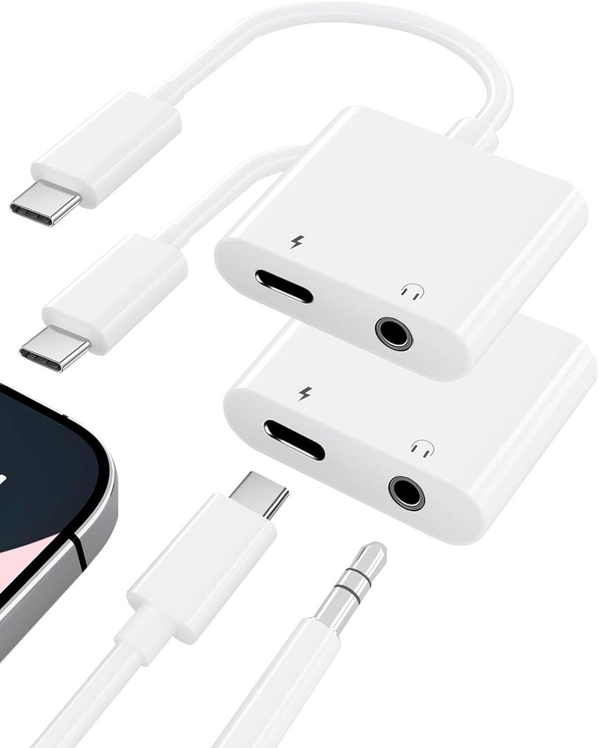 2-Pack USB C to 3.5mm Audio Headphone Jack and Charger Adapter, Type C to Aux Dongle Cable with PD Fast Charging Compatible with iPhone 16/15 Series, Galaxy S24 S23 Ultra, Pad Pro, Pixel