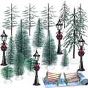 Halloscume 16 Pcs Christmas Village Sets Accessories Miniature Pine Trees Christmas Village Frosted Christmas Tree Figurine Streetlight Lamps Village Street Mat Park Bench Seat for Xmas Winter Decor