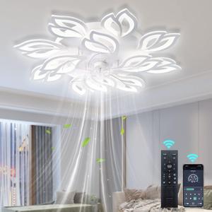 35" Modern Ceiling Fan with Lights Remote APP Control, Flush Mount LED Dimmable Ceiling Fan, 3 Color 6 Speed Low Profile with Light for Bedroom Living Room 130W, 35*7in