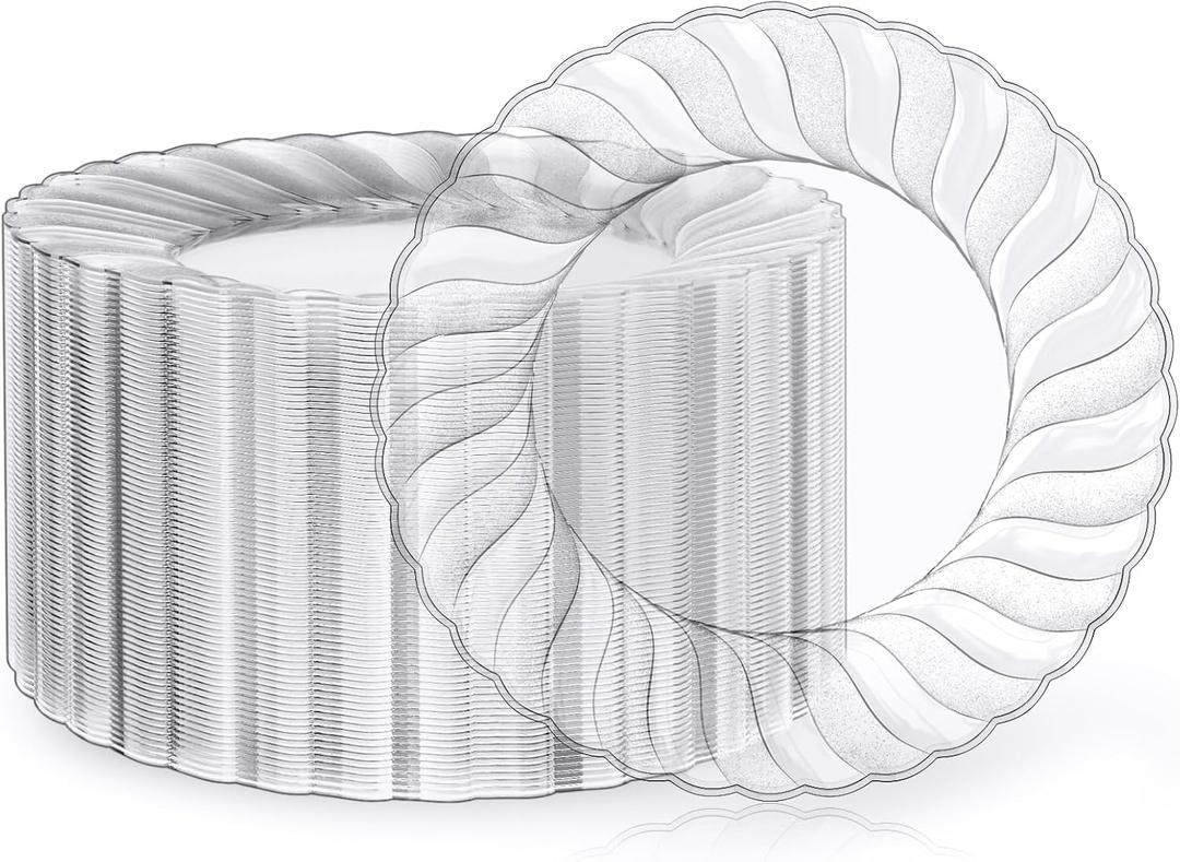 FOCUSLINE 100 Count Clear Plastic Plates 9 Inch, Disposable Heavy Duty Dinner Plates- Premium Hard Plastic Plate Fancy Disposable Clear Plates for Weddings, Parties and Events, 9" Round Plates