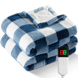 Electric Heated Sherpa Buffalo Plaid Christmas Throw Blanket with 8 Heating Levels & 8 Hours Auto Off, Fast Heating Warm Plush Washable Blanket with Over-Heat Protection, ETL Certification, Blue