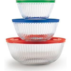 Pyrex Sculpted (3-Pack) Glass Mixing Bowls Set With Plastic Lids For Prepping, Baking and Cooking, Preheated Oven, Dishwasher, Freezer, and Microwave Safe, 1.3-qt, 2.3-qt, and 4.5-qt