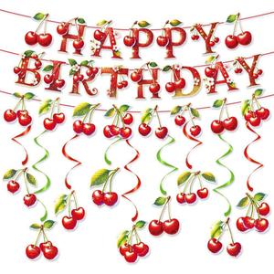 Cherry Theme Birthday Party Decorations ,Includes Happy Birthday Banner, Cherry Banner Hanging Swirls,Vibrant & Fun for Girl Princess Birth Party Cake Table Supplies Decor (Red)
