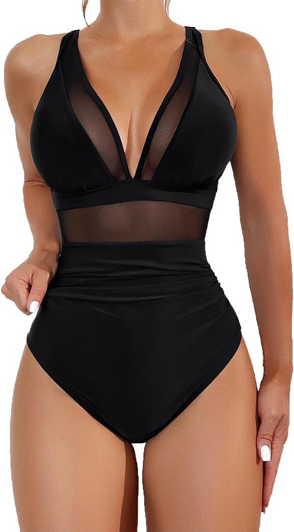 Sexy Mesh Tummy Control Full Coveragel One Piece Bathing Suit for Women (Large, Black)
