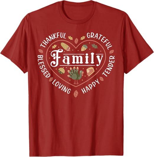 Blessed Thankful Family Thanksgiving T-Shirt, Color: Cranberry Red, M