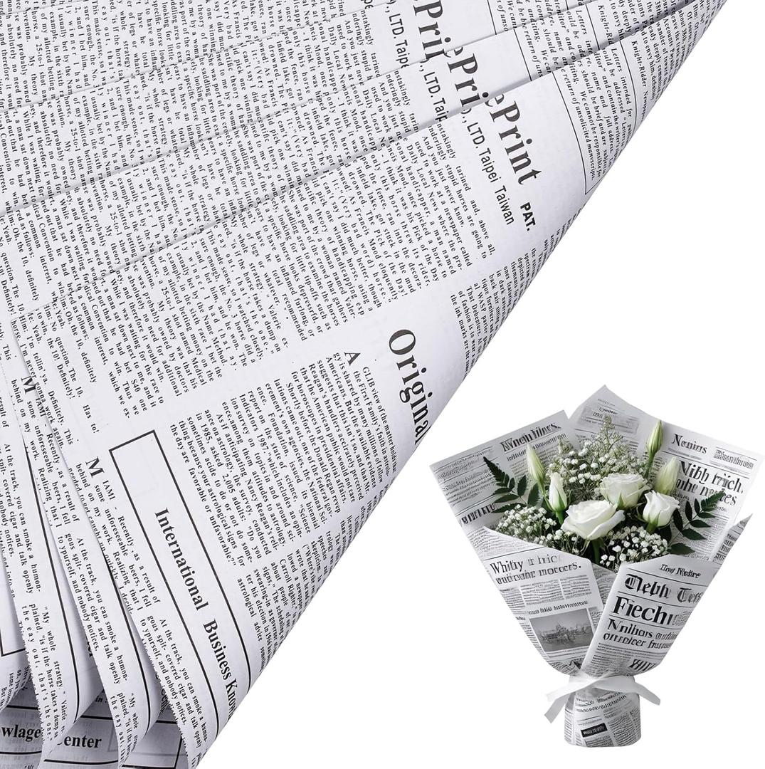 RUSPEPA 20 Sheets Kraft Newspaper Flower Wrapping Paper, Reversible Floral Bouquet Paper, White Kraft Newsprint Design for Birthday, Florist Supply, Wedding, Valentine's Day, Mother's Day and DIY