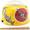 Fuji Merchandise Japanese Design Quality Ceramic Ramen Udong Noodle Bowl with Chopsticks Gift Set 6.25 Inch Diameter (Japanese Crane)