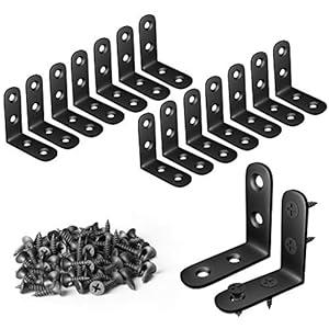 Blingstar L Bracket Stainless Steel Corner Brace 16 Pcs 1.57x1.57 Inch Joint Right Angle Bracket 90 Degree Corner Fastener for Wood Furniture Bedframe Cabinet Drawer Chair, with 64 Pcs Screws, Black