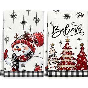 2 x Christmas Dish Towels Set of 2,Winter Hand Towels for Bathroom Decorative,Kitchen Decor Cleaning Drying Kitchen Towels Dishcloth 18 x 26 inches,White Snowman Christmas Tree