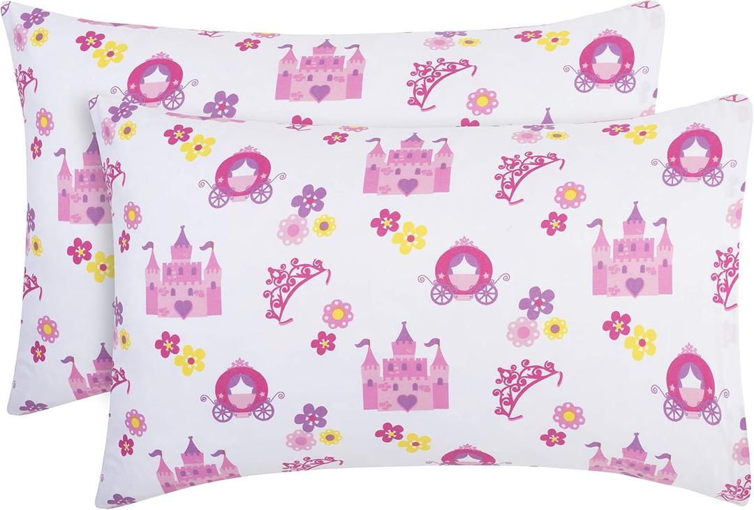 2-Pack Toddler Travel Pillowcases -100% Soft Microfiber, Breathable and Hypoallergenic - 14" by 20" Kids Pillowcases fits Pillows 14x19, 13x18 or 12x16, Princess Storyland