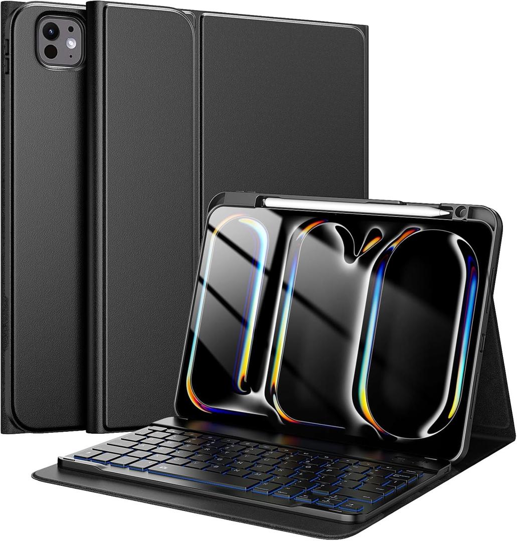 TiMOVO Keyboard Case for iPad Pro 11 Inch M5 2025/M4 2024 with Pencil Holder, Magnetic Detachable Keyboard with Backlight, Black