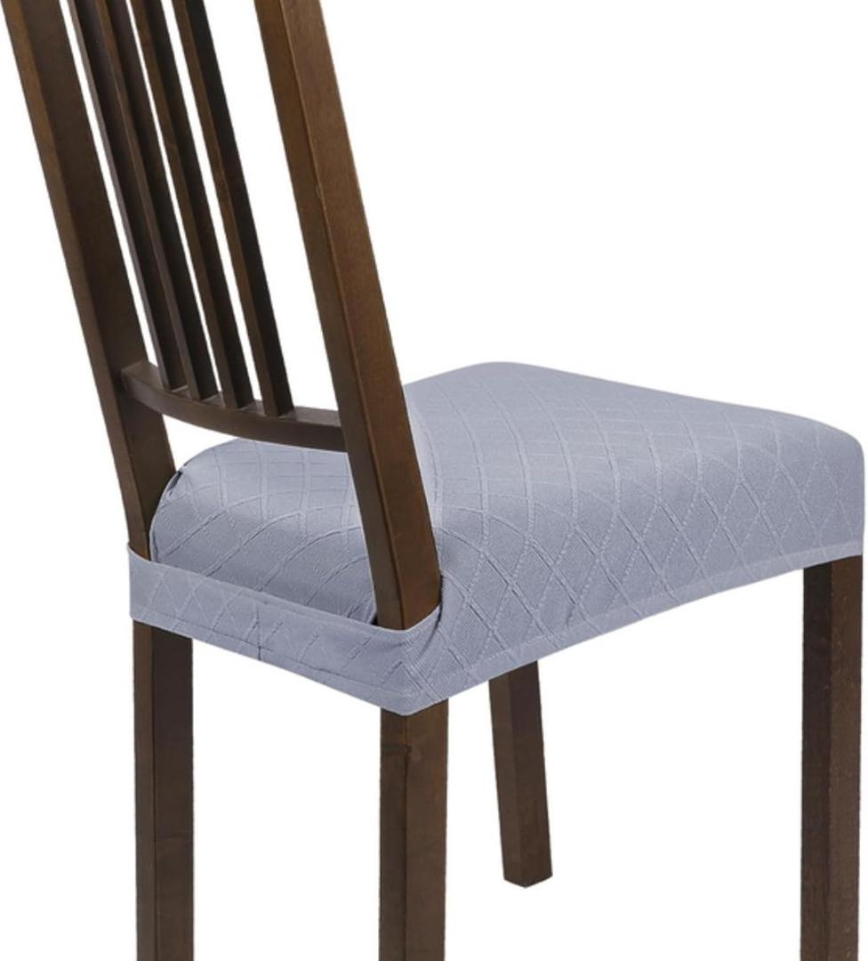 SearchI Stretch Dining Chair Seat Covers Set of 4, Soft Washable Seat Covers for Dining Chairs, Dining Room Seat Cover Protector (Rear-Covered, Check Jacquard Light Grey)