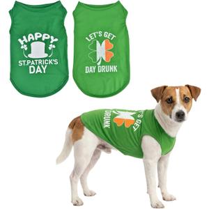 2-Pack st Patricks Day Dog Shirt Irish Holiday Green Dog Shirts with Shamrock Patterns Pet Saint Patricks Clover Clothes Outfit Sleeveless T-Shirt for Small Medium Large Dogs, M