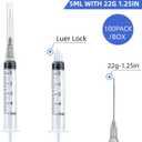 100 Pack Disposable 5ml/cc Lab Syringes with 22Ga 1.25 Inch Needle Luer Lock, Individually Sealed Packed