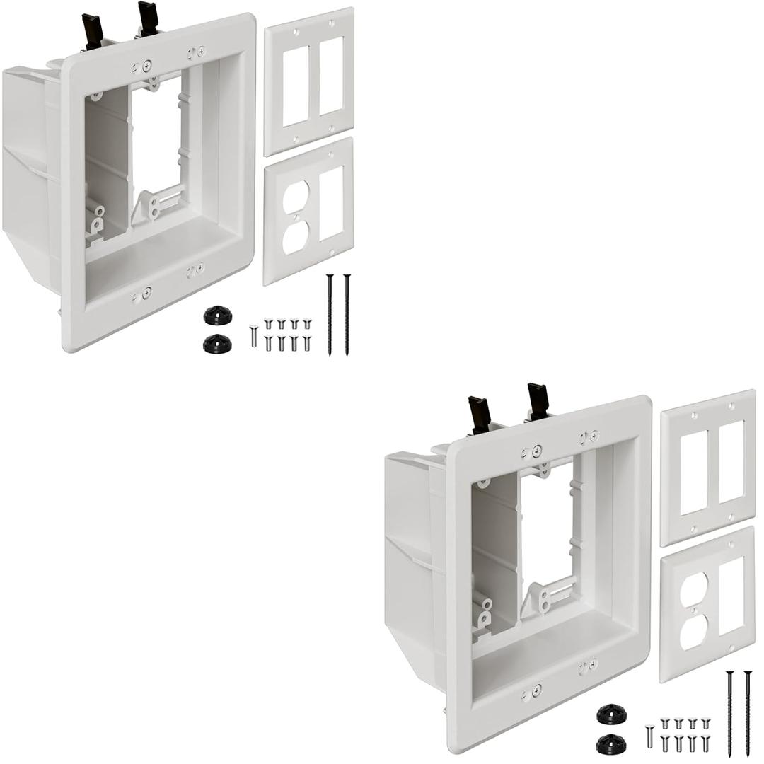 TVBU505-1 Recessed Outlet Box, 2Pcs Recessed Electrical Box for Wall Mount TV, Outlet Mounting Box for New Construction&Retrofit Projects, Wall Outlet Box with Duplex & Decorator Style Covers,2-Gang