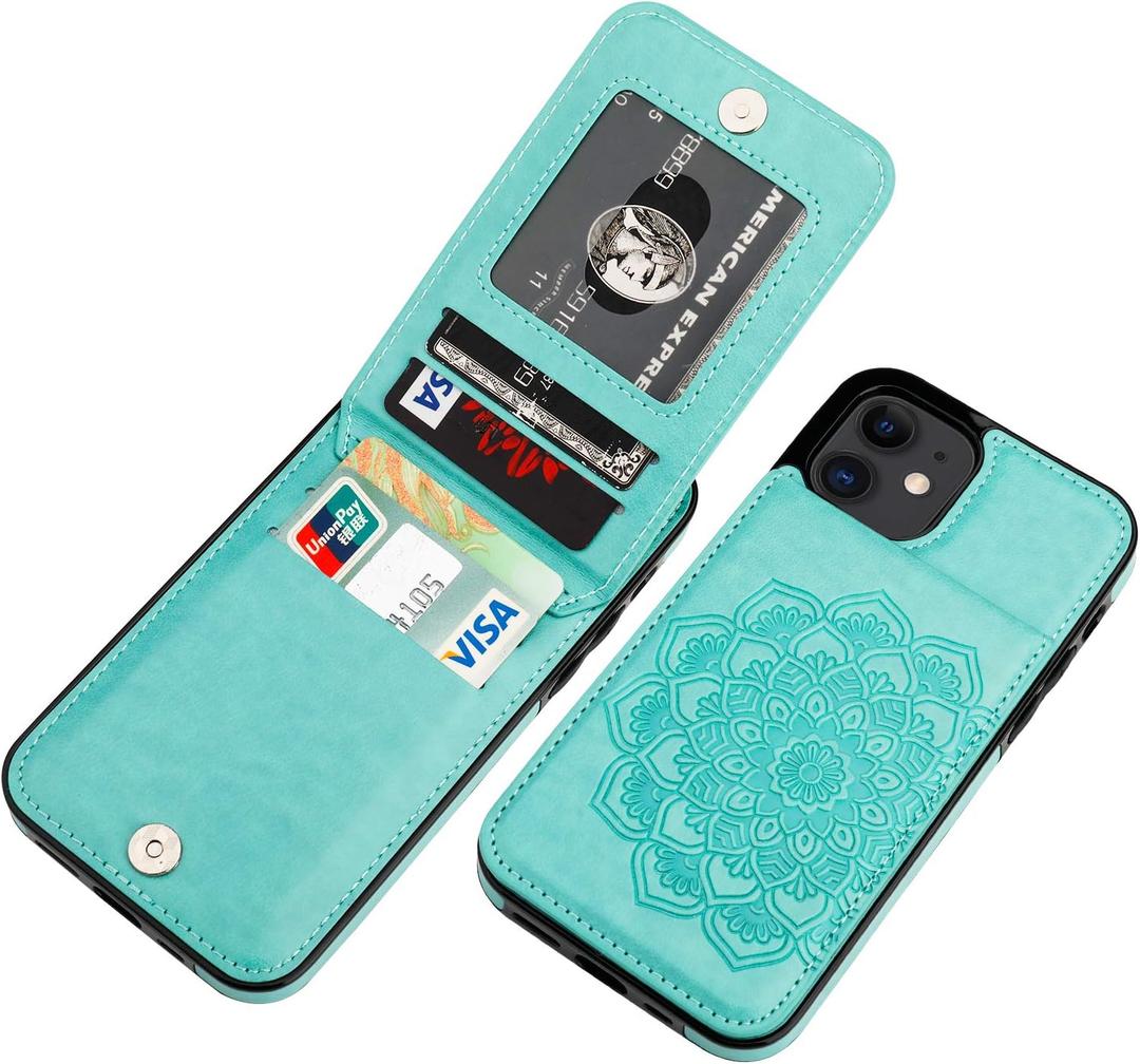 Vaburs Compatible with iPhone 12 and iPhone 12 Pro Case with Wallet Card Holder,Embossed Mandala Pattern Flower PU Leather 4 Card Slots Kickstand Shockproof Flip Cover 6.1 Inch(Green)